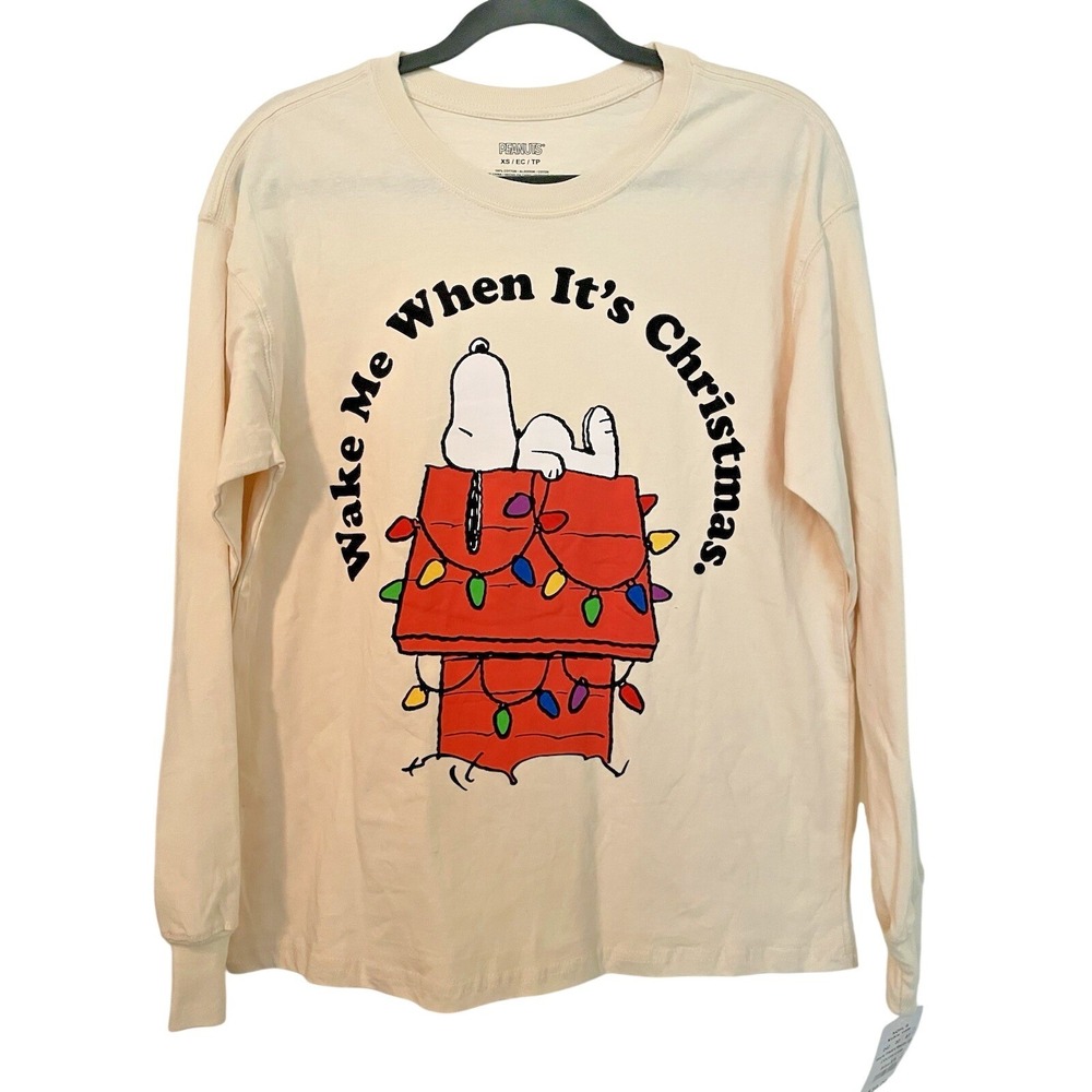 Peanuts Snoopy Christmas Long Sleeve T-Shirt XS Cream Holiday, Peanuts, Snoopy